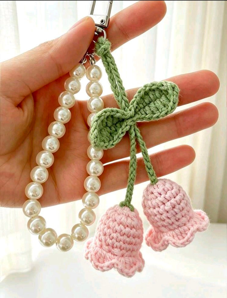 1pc Cute Pearl Chain Crochet Lily Of The Valley Flower Keychain Pendant