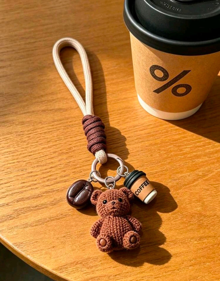 Cute Brown Bear Keychain With Coffee Cup Pendant