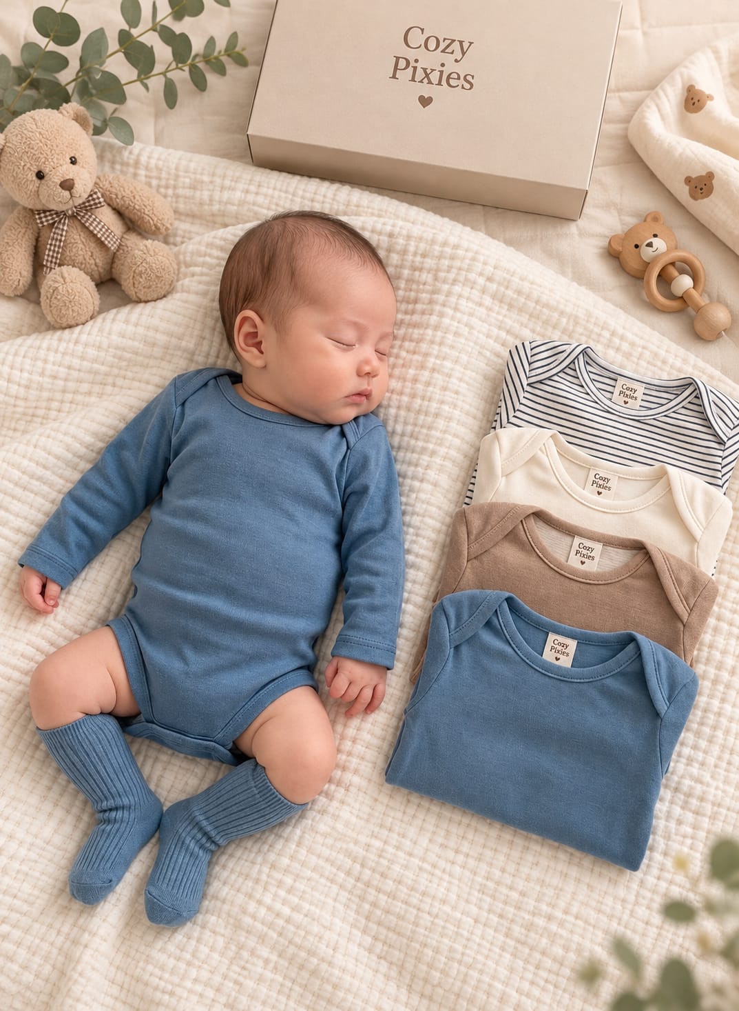 Cozy Pixies Newborn Baby Girl & Boy Autumn/Winter Cute Solid Color Long Sleeve Romper 4pcs -Piece Set