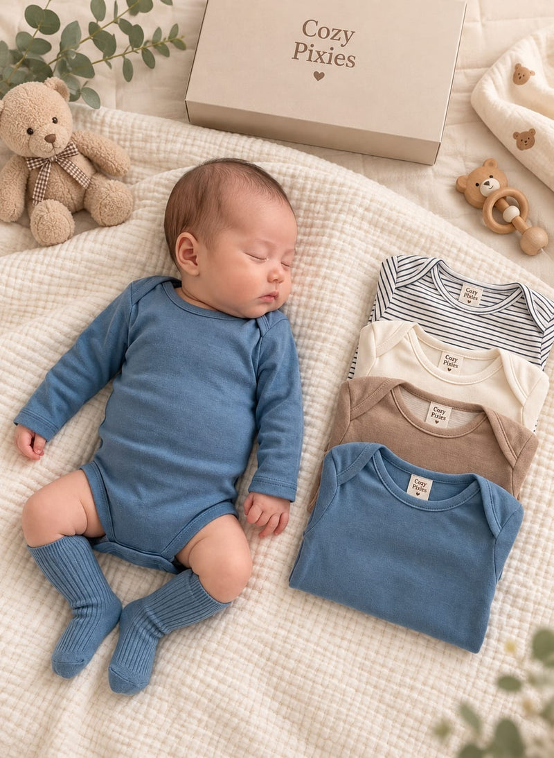 Cozy Pixies Newborn Baby Girl & Boy Autumn/Winter Cute Solid Color Long Sleeve Romper 4pcs -Piece Set