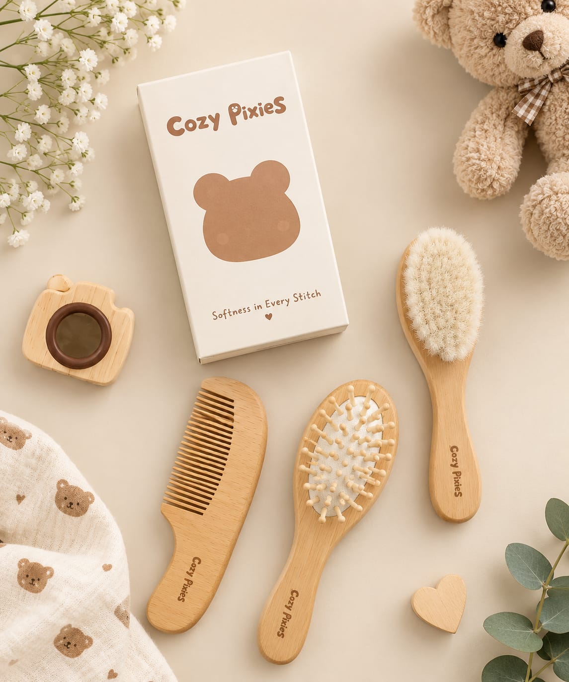 3pcs Baby Care Grooming Set With Wooden Wool Brush
