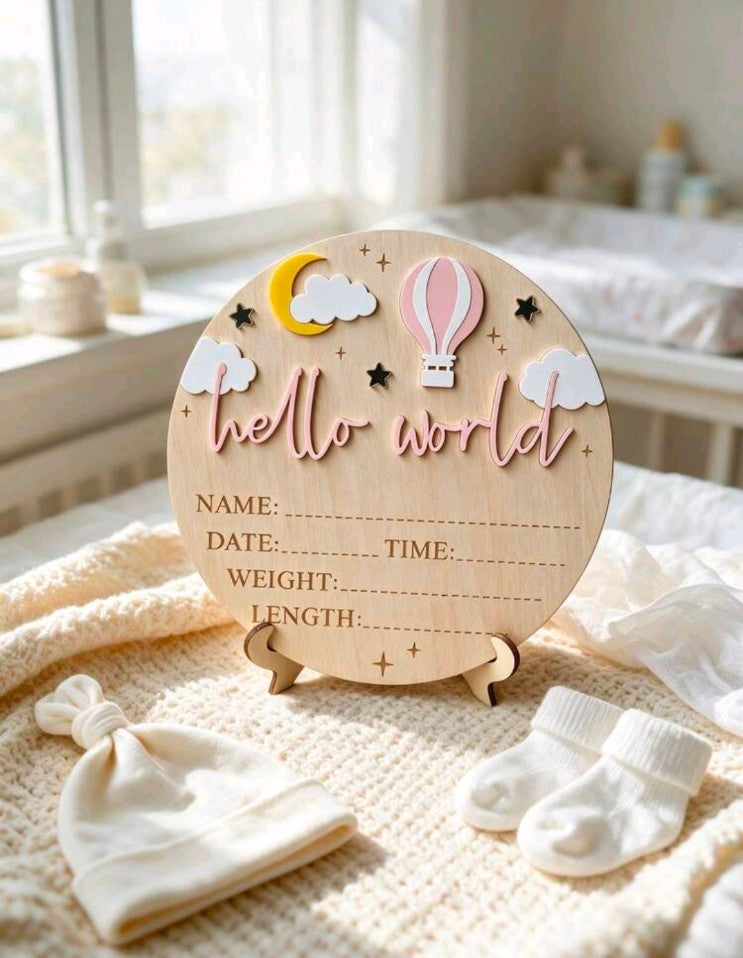 Hello World Wooden Baby Birth Announcement Sign