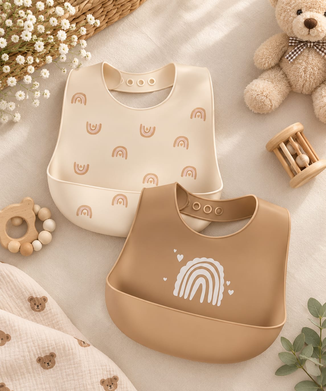2pcs Silicone Rainbow Baby/Infant Bib, Waterproof Wipe-Clean Adjustable, Unisex