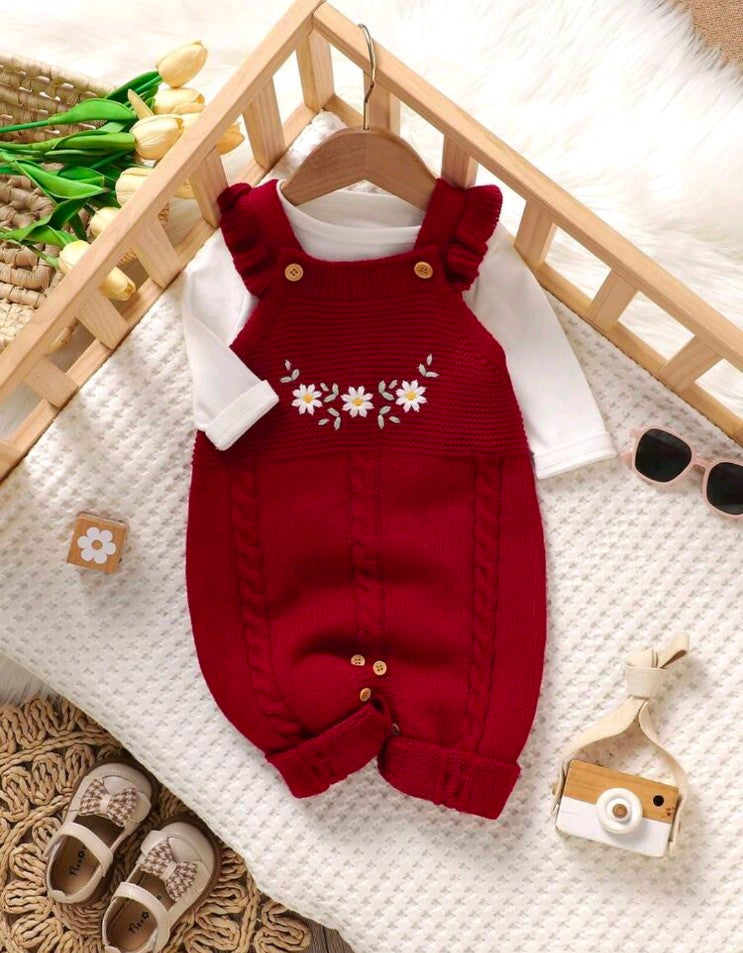1pc Baby Girl Romper,Dark Red,Autumn,Cute,Matching Family Embroidered Knit Jumpsuit With Ruffled Strap