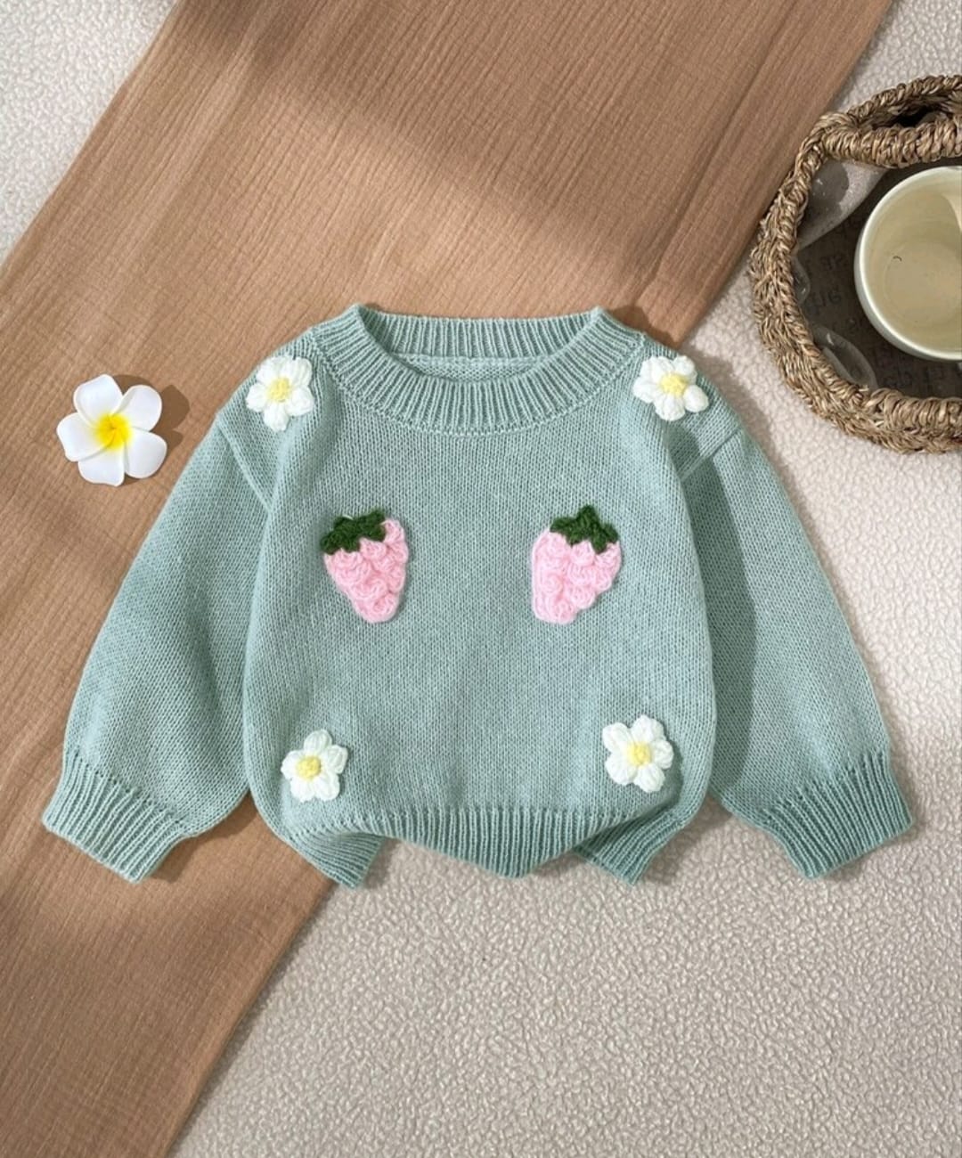 1pc Baby Girl Sweater, Versatile Round Neck Mint Green Drop Shoulder Long Sleeve, 3D Flower & Strawberry Decor