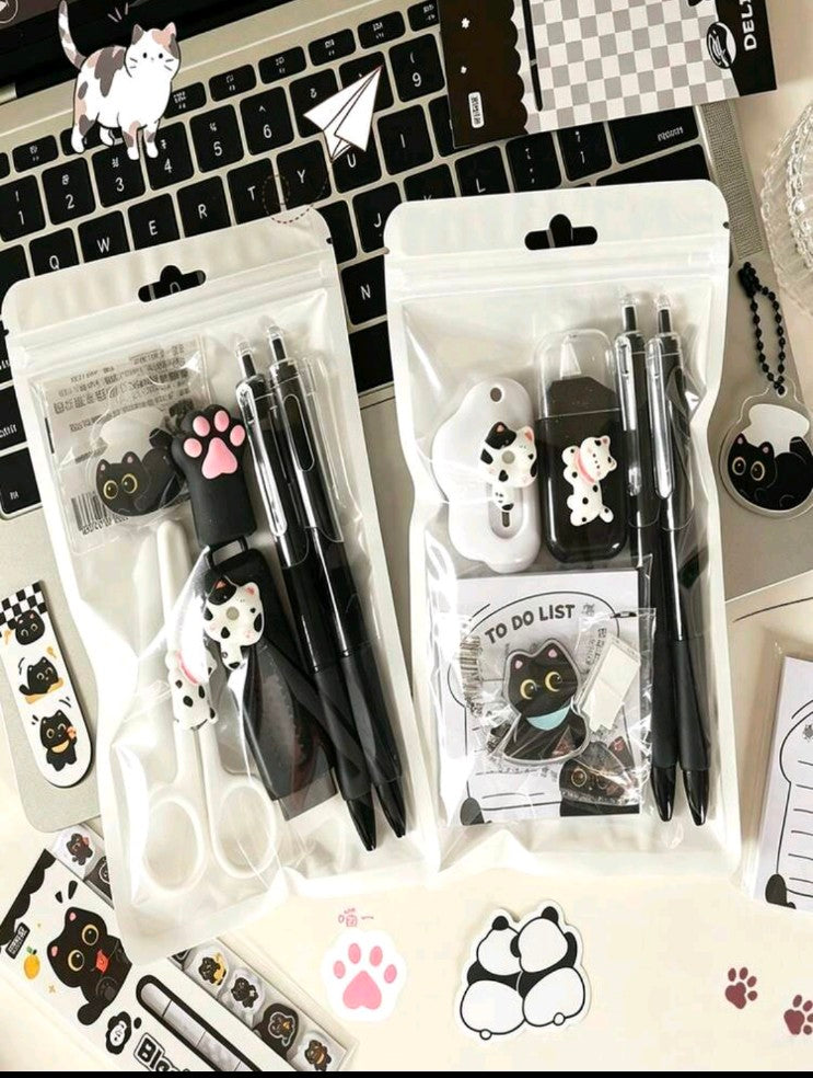1 Set Black Cat Themed Stationery Set: Ballpoint Pen + Scissors + Correction Tape + Eraser + Sticky Notes