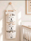 1pc Multifunctional 3-Compartment Wall Hanging Storage Bag, Cartoon Bear Linen Hanging Organizer