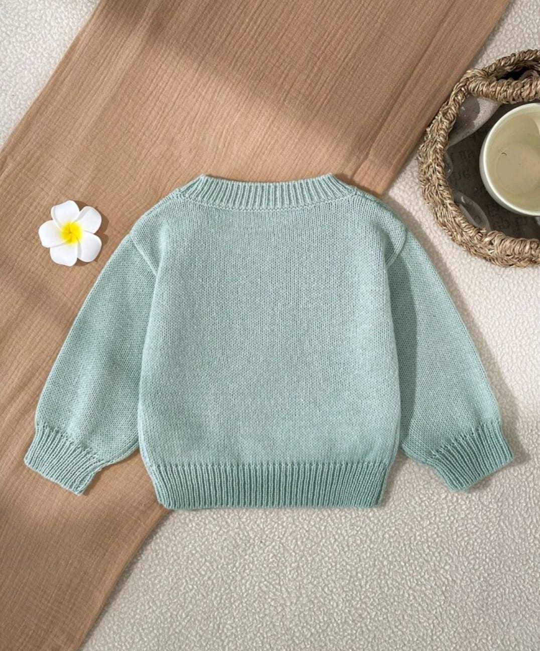 1pc Baby Girl Sweater, Versatile Round Neck Mint Green Drop Shoulder Long Sleeve, 3D Flower & Strawberry Decor