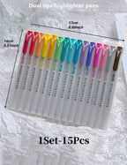 15 Color Fluorescent Pen Set Soft Water Double Headed Mark Pen Marking Note Number Pen Drawing Notebook