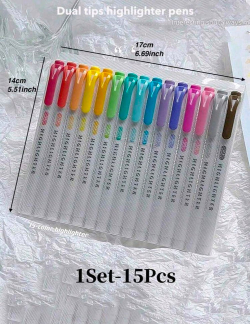 15 Color Fluorescent Pen Set Soft Water Double Headed Mark Pen Marking Note Number Pen Drawing Notebook