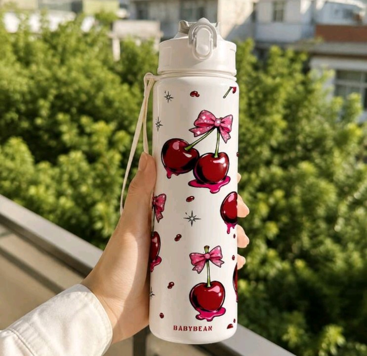 1pc 750ml/26oz 3D Printed Pattern Sports Straw Water Bottle, Cherry Red