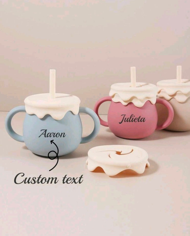 1 Set Personalized Name Cup, 250ml Baby Silicone Dual-Ear Contrast Color Sippy Cup, Toddler Anti-Spill Drinking Water Cup Tableware