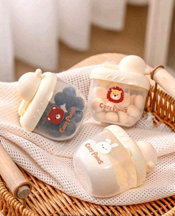 Cozy Pixies 3-Piece Baby Feeding Set: Milk Powder Boxes And Portion Containers With Cute Animal Patterns.