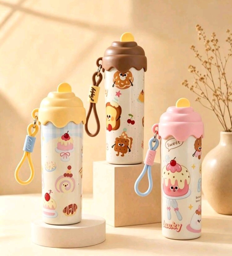 New Cone Ice Cream Insulated Cup, Stainless Steel Cartoon INS Water Cup, Sealed Leak-Proof With Straw, Unisex Student Portable Water Cup